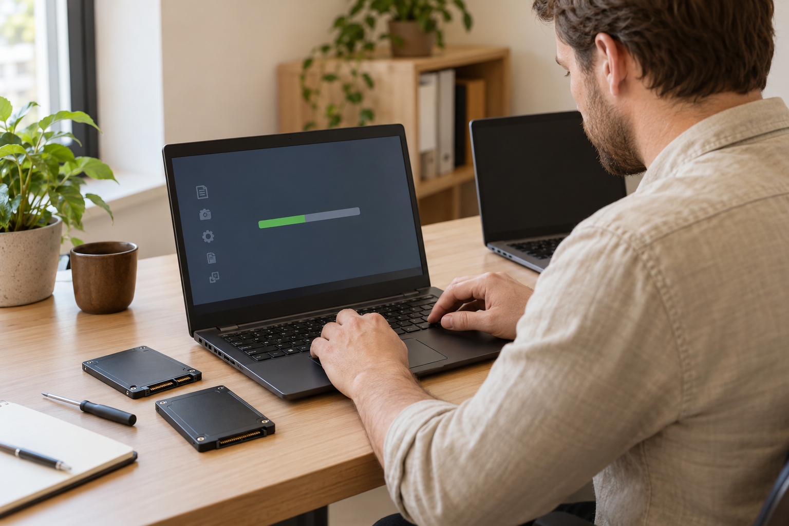 Illustratieve foto van een IT-medewerker die laptopopslag voorbereidt voor hergebruik