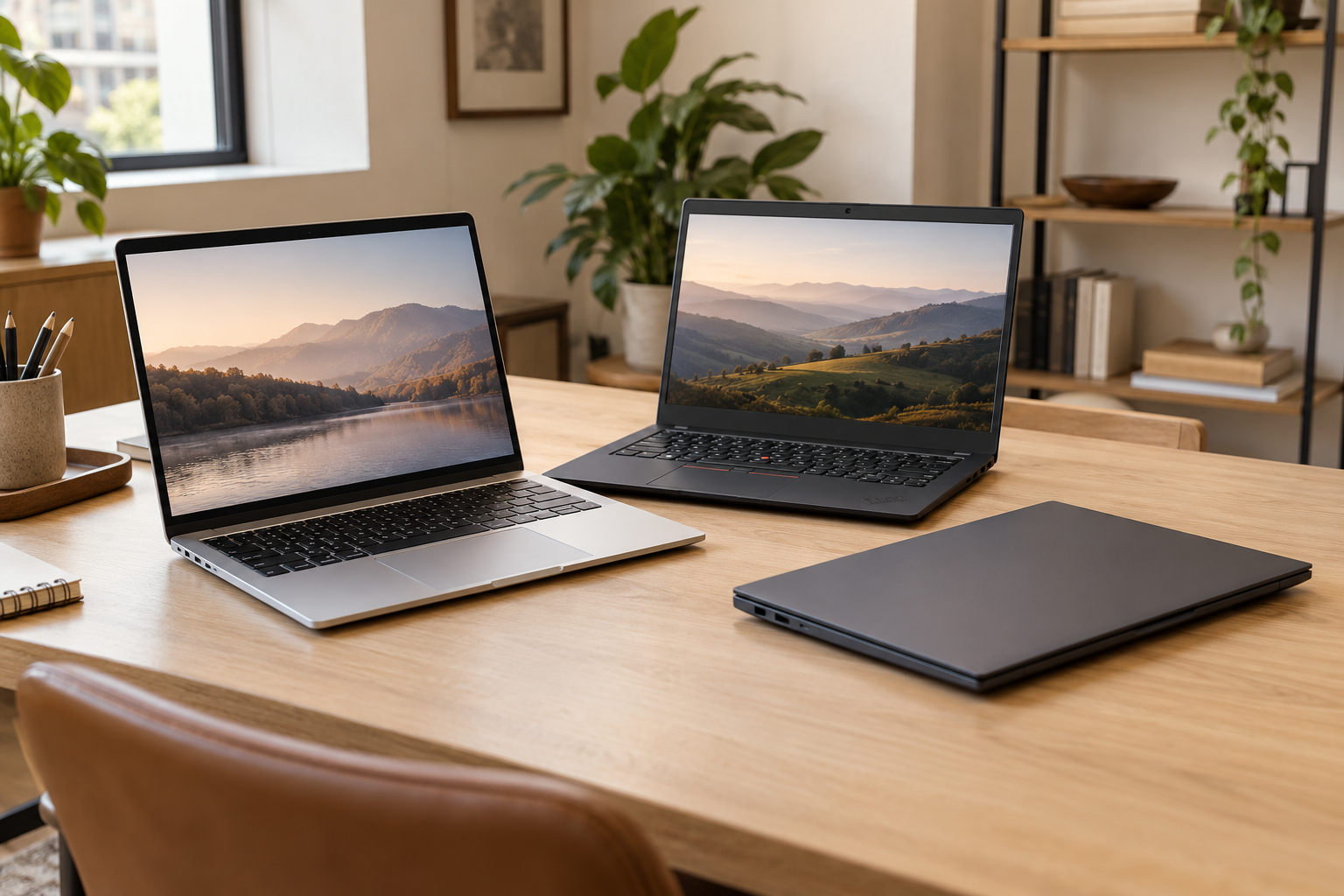 Illustratieve foto van zakelijke laptops op een houten bureau