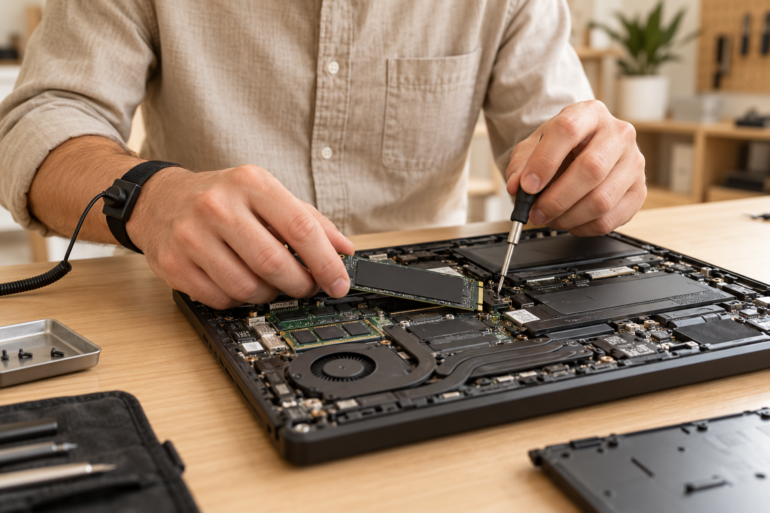 Illustratieve foto van laptopreparatie op een houten werkbank
